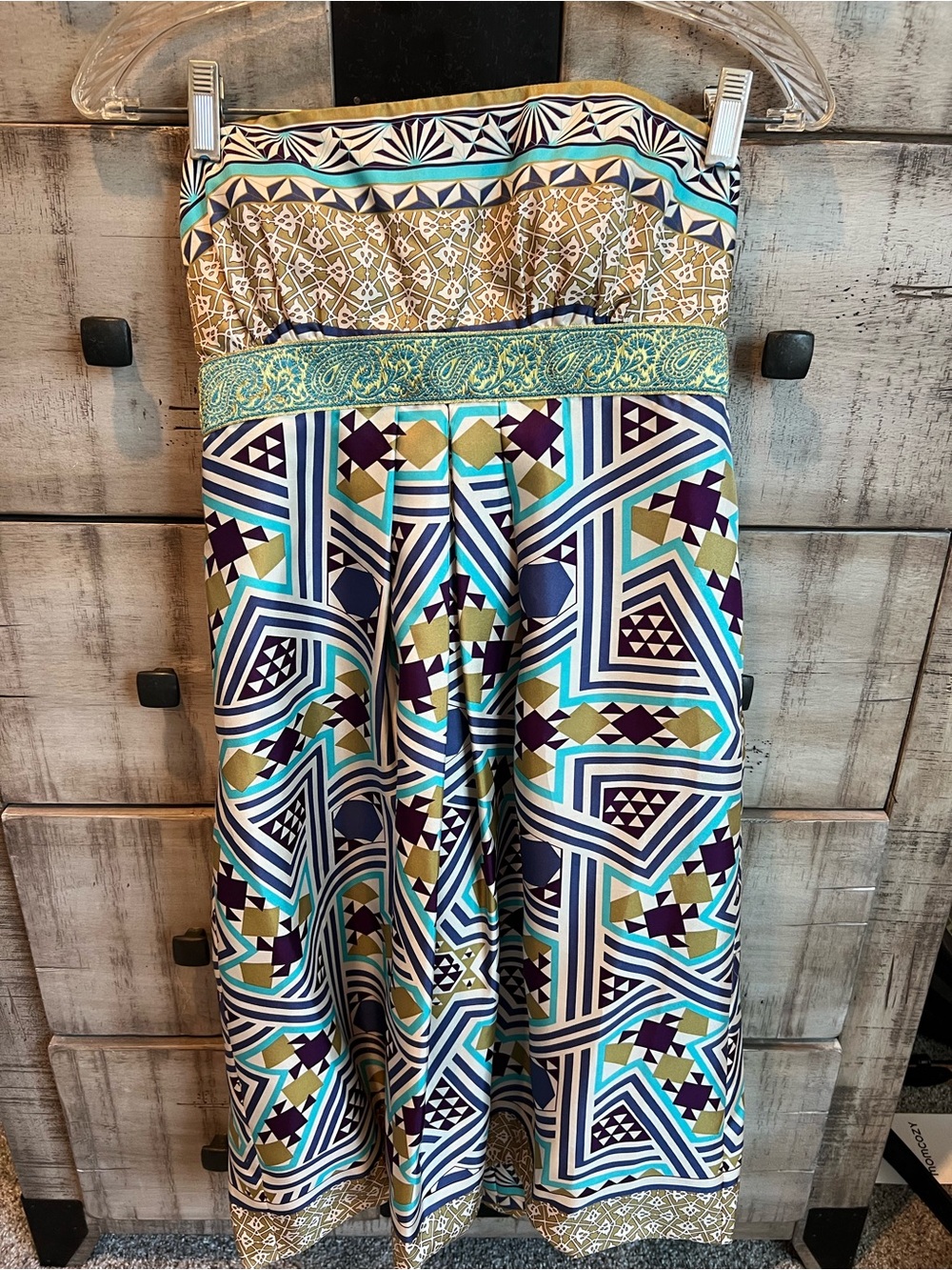 NWT- Geometric Strapless Maxi Dress in Teal, Navy & Gold